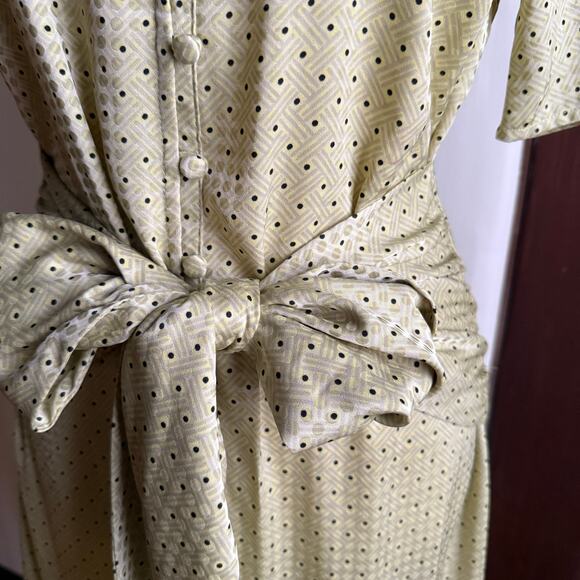 LOVE, WHIT | Citron Dot Yellow Jacquard Tie Front Ruffle Hem Midi Dress | Small - Picture 4 of 6